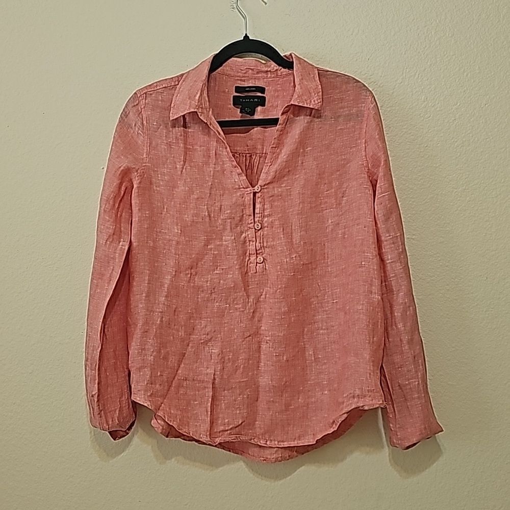 Tahari 100% Linen Collared‎ 3/4 Sleeve Coral Split Shirt S